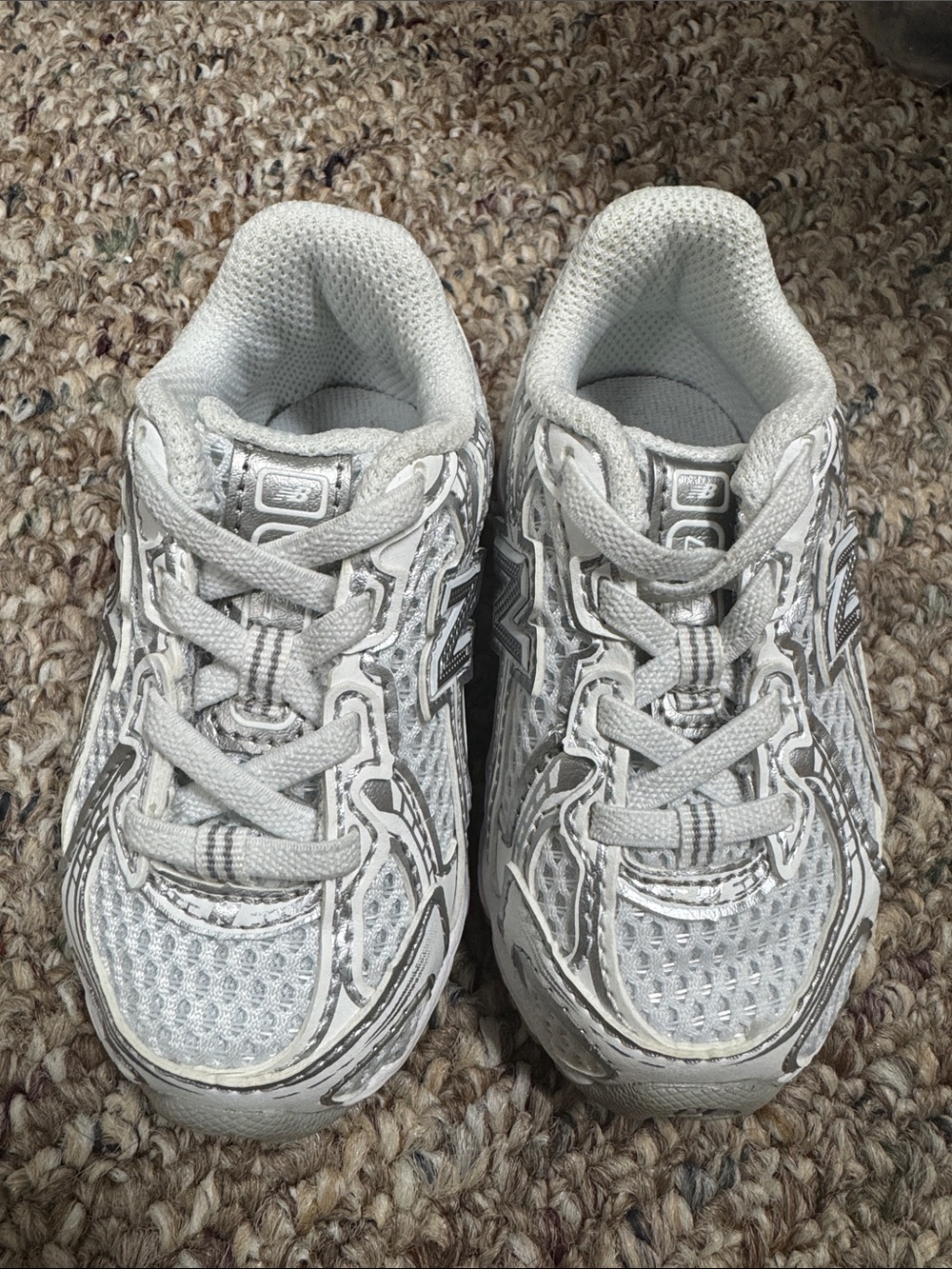 New Balance White and Silver Kids Running Sneakers